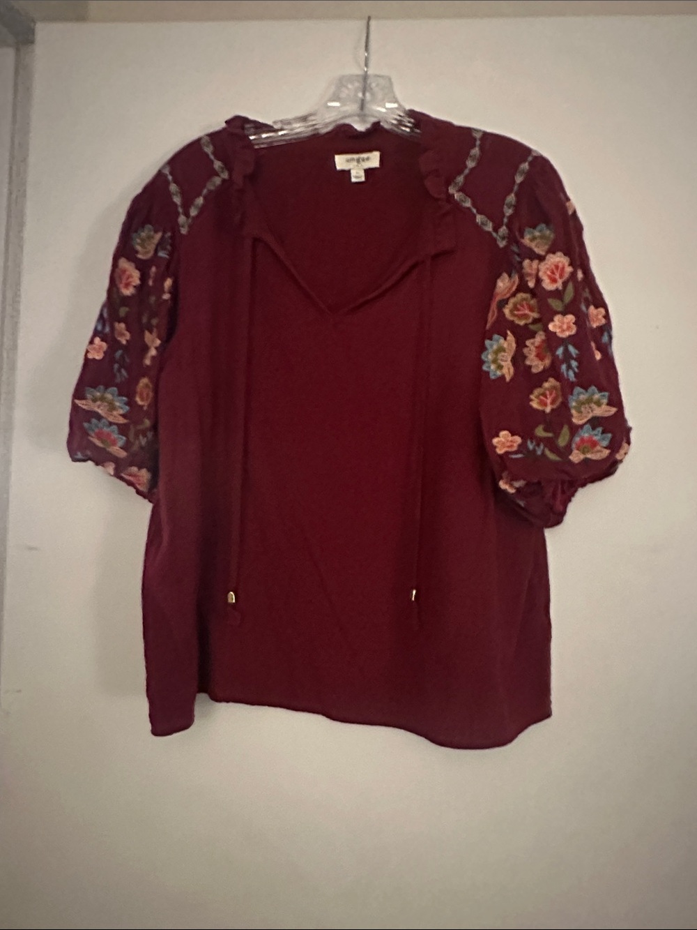 Umgee Burgundy Puff-Sleeve Embroidered Tie-Neck Blouse